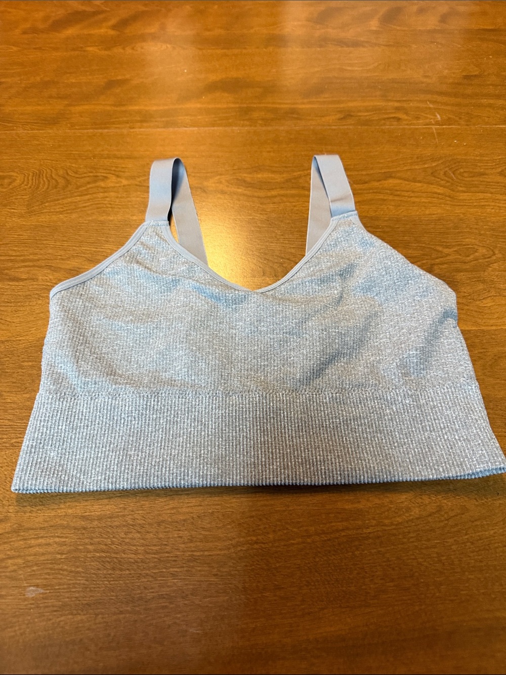 Just be grey ribbed bralette with adjustable straps.